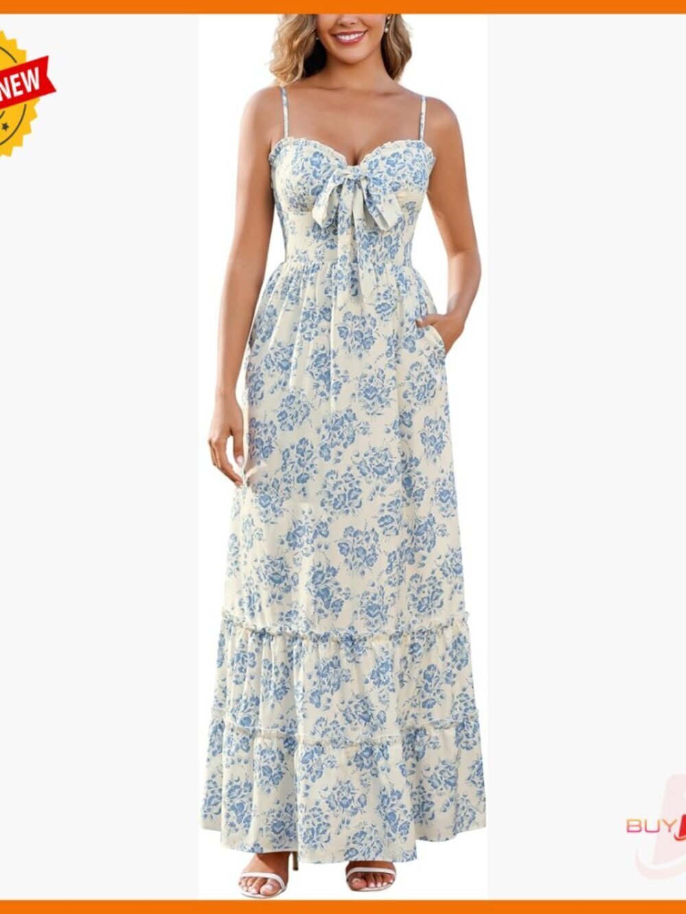 Floral Smocked Maxi Dress with Side Pockets, Spaghetti Straps, Tiered Ruffles